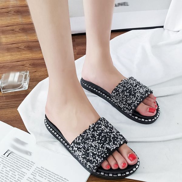 

shoes woman fashion shiny low heel women shoes flat bottom non-slip flip flops summer beach slippers zapatos de mujer, Black