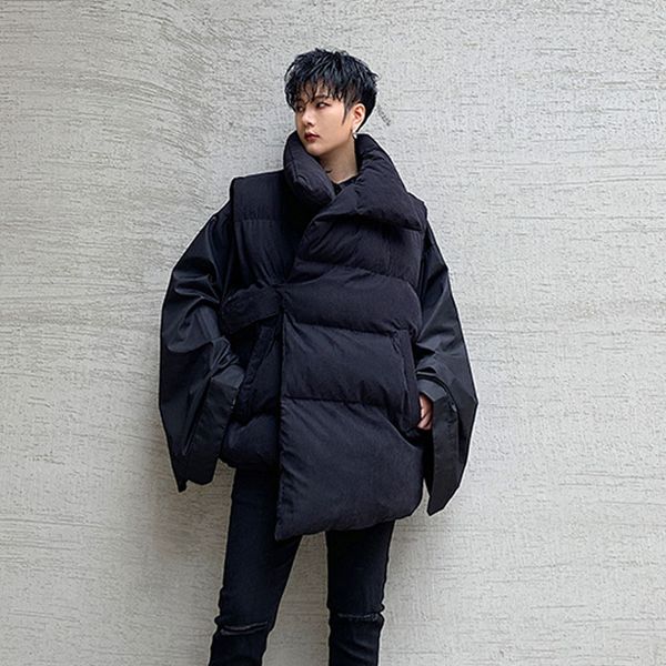 

men winter thick sleeveless cotton padded vest jacket parkas outerwear male japan streetwear gothic irregular waistcoat coat, Black