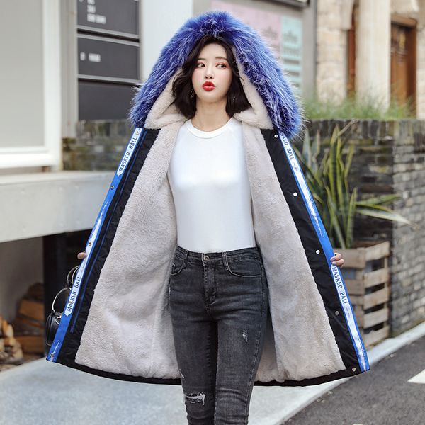 

p shoot 2019 winter lambs wool inner wearing korean-style down jacket women's mid-length large fur collar students bf cotton, Blue;black