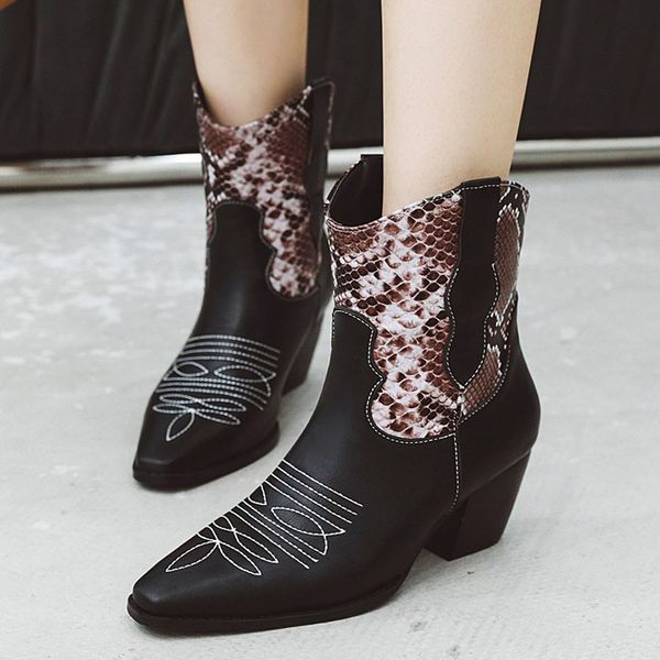 

women's ankle boots snake print mixed colors slip-on women's leather boot pointed toe square heel high boots autumn, Black