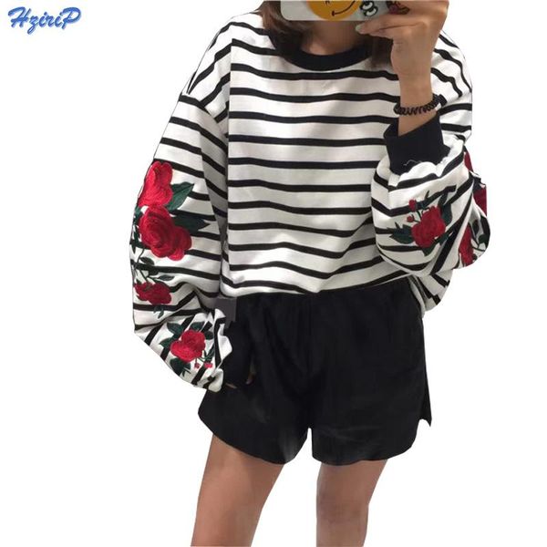

autumn harajuku hoodies roses embroidery lantern sleeve loose striped women sweatshirt girl vintage elegant casual harajuku, Black