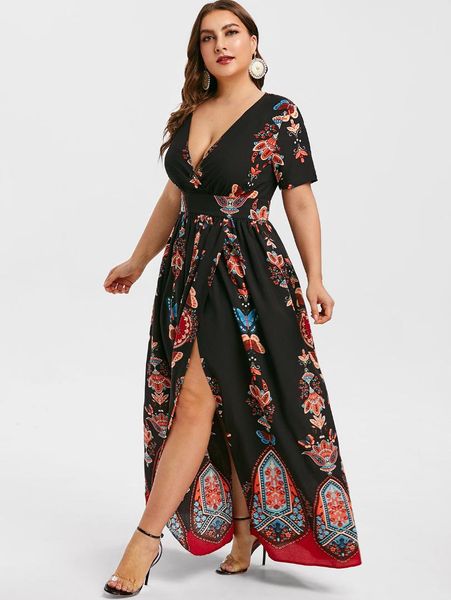 

wipalo plus size printed maxi split dress bohemian beach party maxi dress vintage elegant high wasit v-neck summer bodycon robe, Black;gray