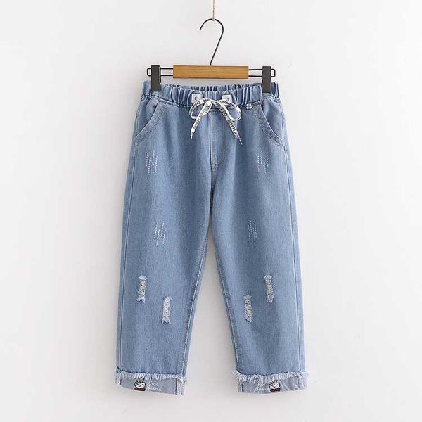 

women's jeans women plus size pockets 2021 spring summer lace-up loose elastic waist casual hole students mori girl trousers, Blue