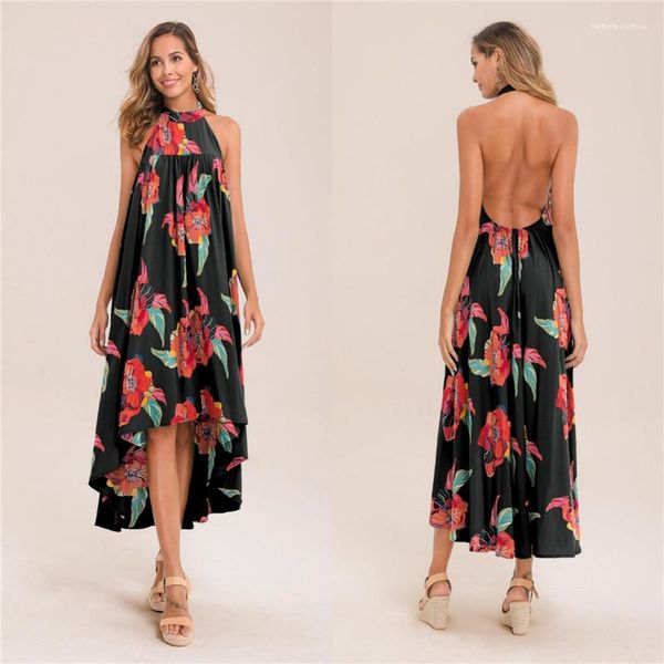 

dress women summer floral printed dress ladies designer irregular dresses holiday backless sleeveless, Black;gray