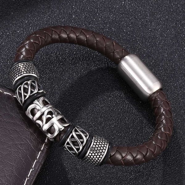 

trendy men genuine leather bracelet creative design stainless steel viking bead bracelets strong magnet clasp charm men bangles, White