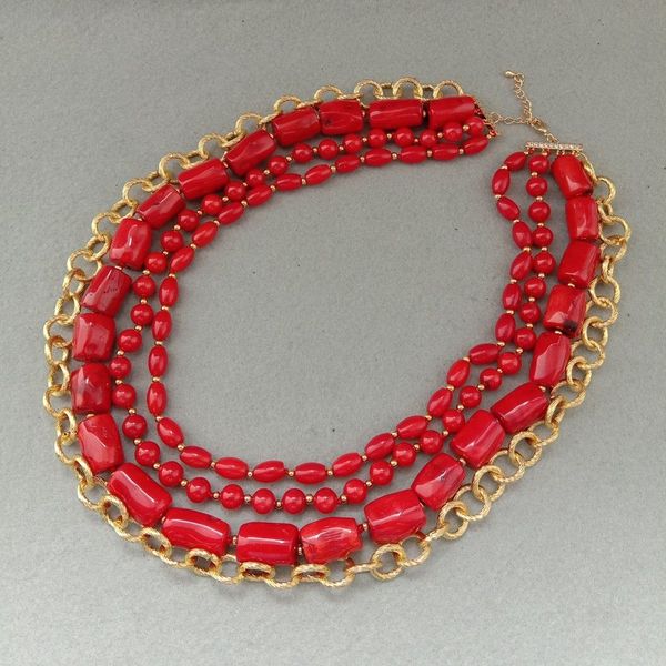 Fashion-feminino 4 fios Red Coral Golden Chapeado Colar 19 