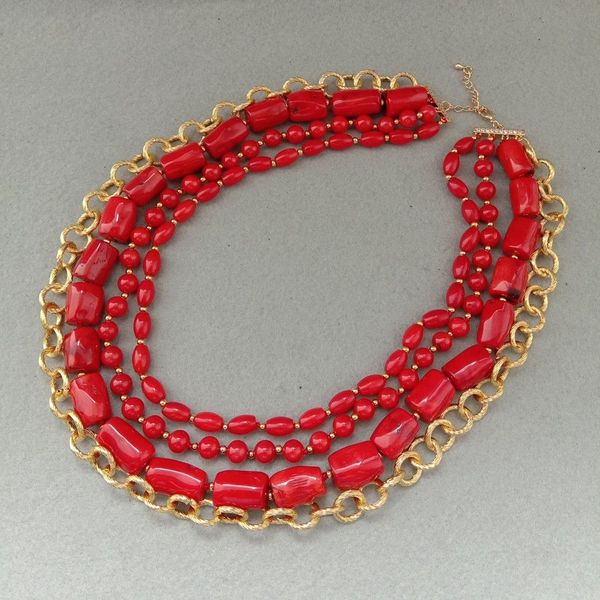 

fashion-women's 4 strands red coral golden plated chain necklace 19", Silver