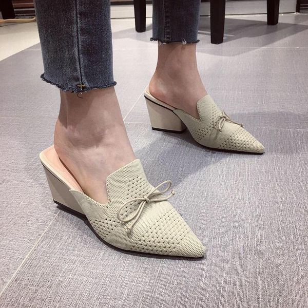 

2020 new pointed toe chunky heel wedge in with women's bow knit slippers, Black