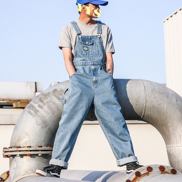 

new men streetwear hip hop jeans jumpsuit male denim wide leg pant overalls tooling casual fashion trousers, Blue
