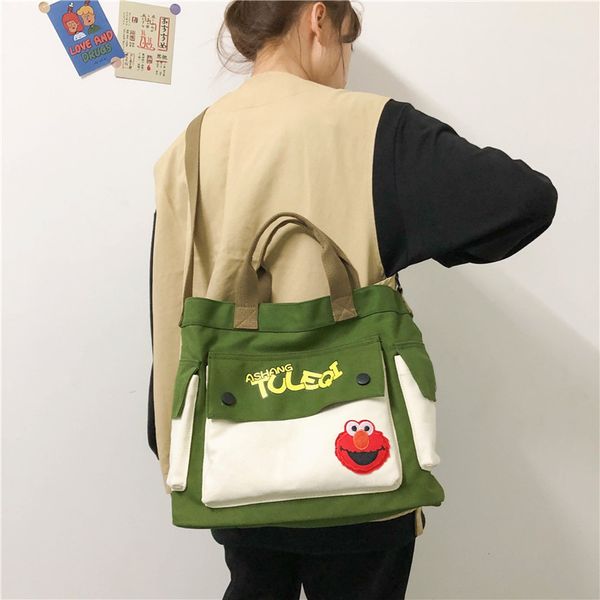 

2020 холст сумка женский 2020 новый сингл плеча прилива студент колледжа мешок большой емкости корейский диких посыльного сумки