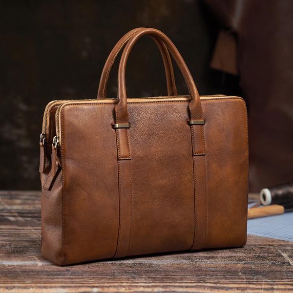 

zrcx vintage briefcase men shoulder handmade 100% genuine leather bag brown lapbusiness bags handbags casual high quality