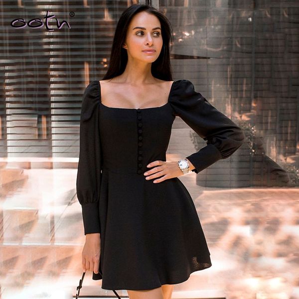 

vintage square collar shirt dress single-breasted long sleeve backless a-lin ruched solid patchwork vestido knitting dress femme, Black;gray