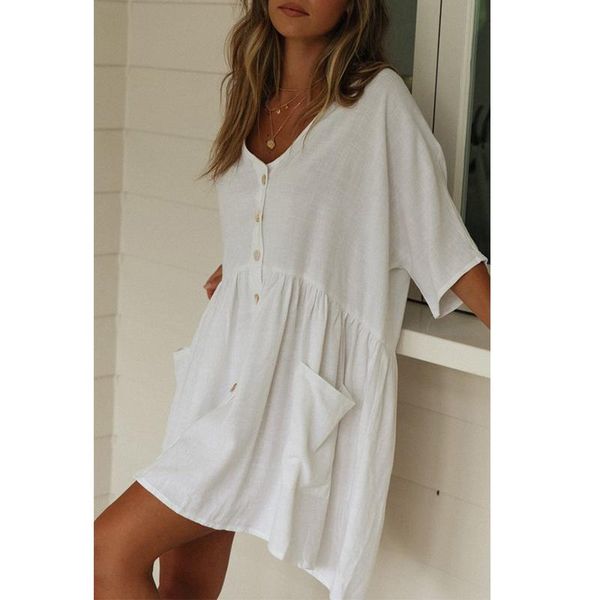 

peachtan summer 2020 new white dress cover ups tunics for women swimsuit cover up button mini dress long sleeve beach wear, White;black