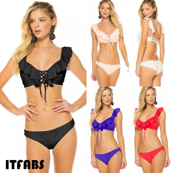 

hirigin brand swimwear womens bikini 2019 monokini solid ruffle push up padded bikini set swimsuit swimwear bathing suit