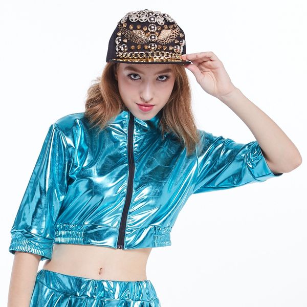 

2018 new fashion kids adults water-blue short jacket women jazz slim hip hop party stage performance streetwear dance top, Black;white