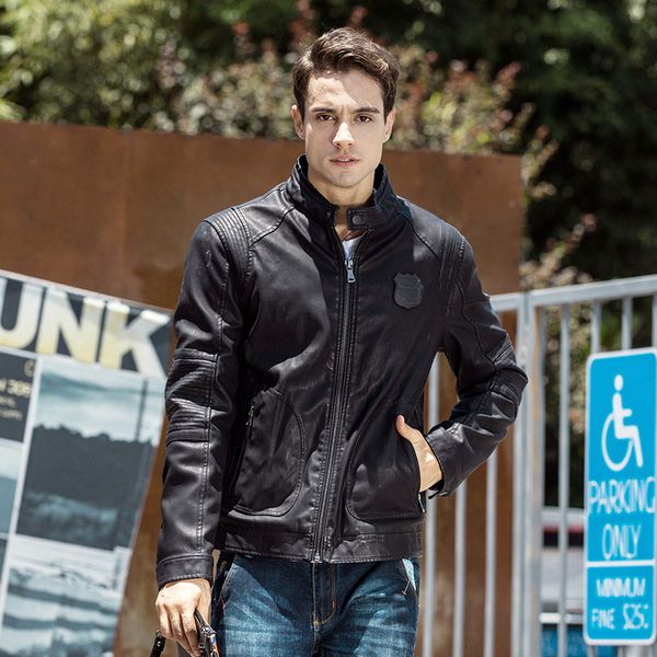 

direct supply 2018 europe and america locomotive leather coat washing pu leather plus velvet men's jacket carbon blac, Black