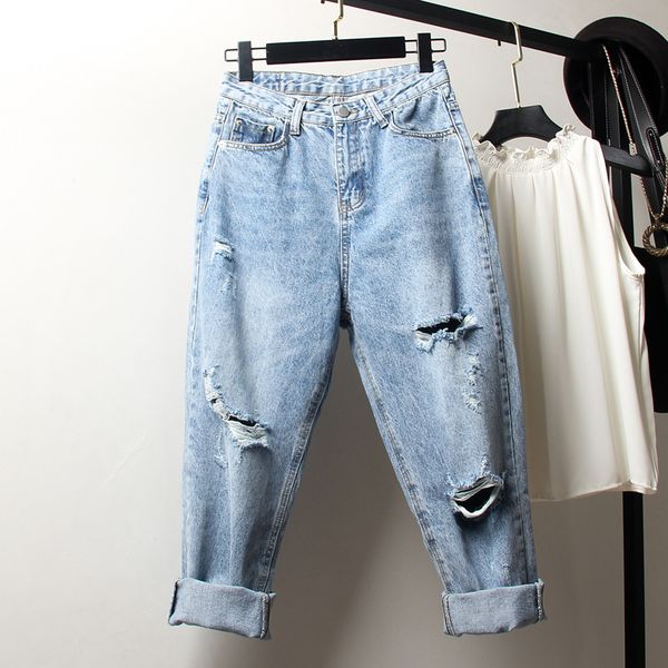 

ylo spring 2020 new large size jeans women's wide legs thick girl's pants fat sister hole jeans, Blue