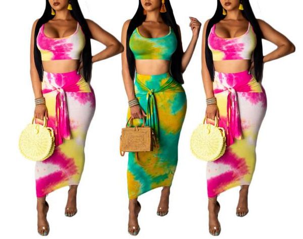 

2019new summer women suit tie dye printed tank sets shortened bandage skirts for beach casual clothes, White