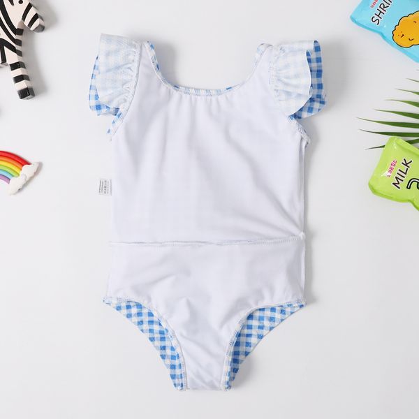 

2020 new baby girl swimsuit girl age 2-8 years children one piece swimwear pretty classic geometric embroidery bathing suit, White