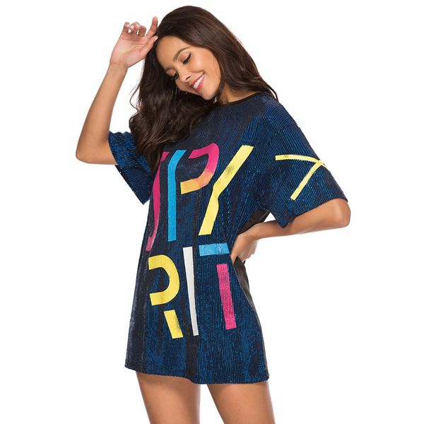 

designer women's t-shirt summer new sequined dress letter printed loose mid-length t-shirt short skirt size s-2xl-2, White