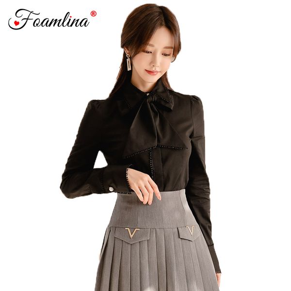 

foamlina elegant women black shirt 2020 new spring korean fashion bowtie collar long sleeve casual female office work shirt, White