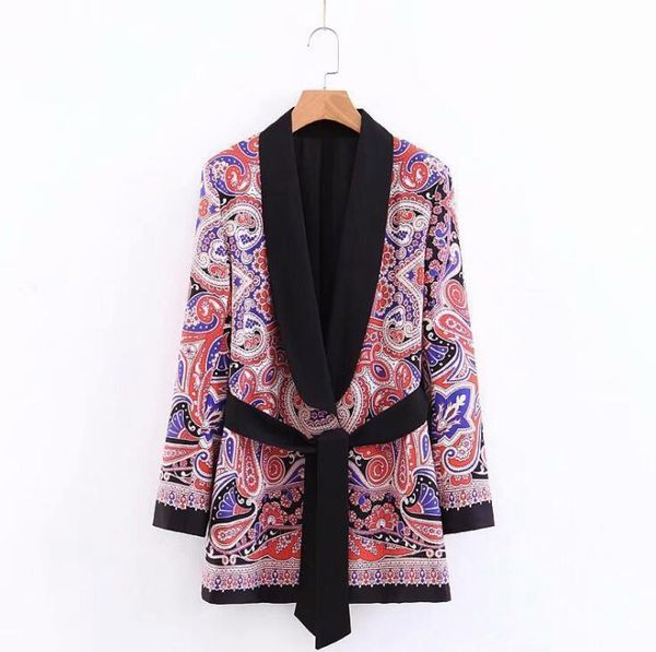 

retro placement print women sashes suit coat casual lady long sleeve jacket fashion streetwear loose outerwear, Black;brown