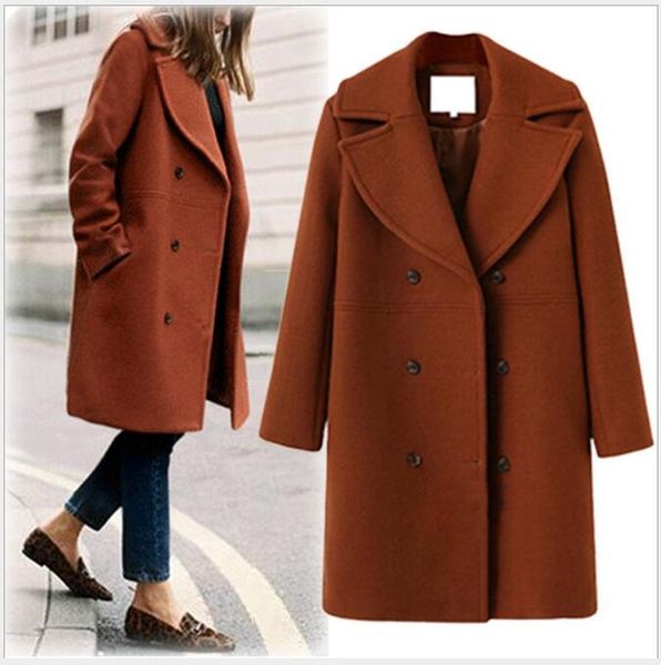 

women office formal coat blend warm long coat plus size female slim fit lapel overcoat autumn winter long outerwear cl53, Black