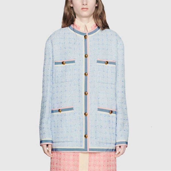 

luxury runway women tweed jacket coat autumn winter single breasted o neck light blue plaid woolen blend medium long coat y710, Black