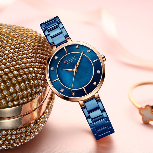 

curren women watches luxury brand stainless steel band dress ladies wristwatch with crystal rhinestone quartz clock female, Slivery;brown