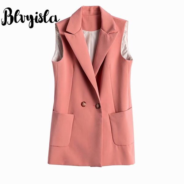 

blvyisla pink color fashion temperament sleeveless two button vest jacket female formal office wear outcoat double pocket, Black;white