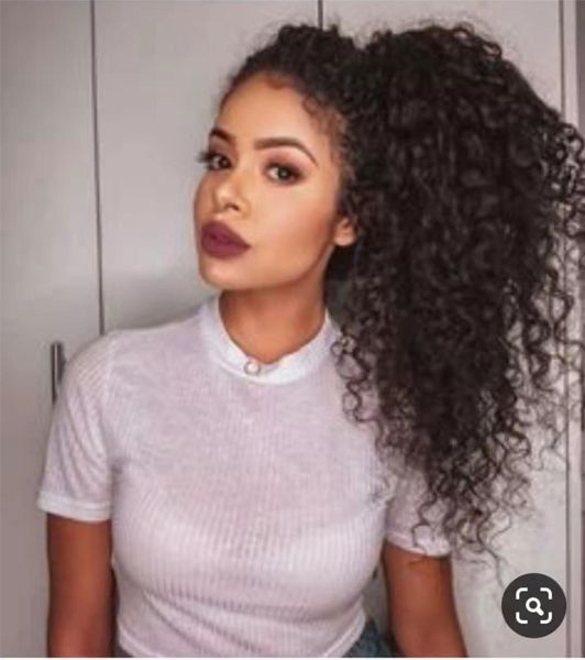 

women natural ponytail human hair extension, dark brown indian virgin hair kinky curly drawstring human hair pony tails ship, Black
