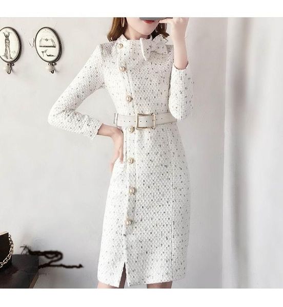 

2019 new arrival autumn and winter runway women elegant tweed dress bow collar long sleeve female fashion chic dresses vestidos size s-2xl, White;black