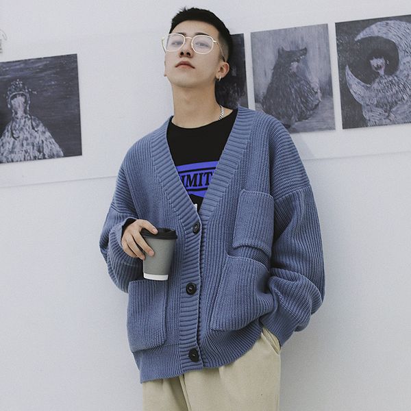 

winter cardigan men's fashion solid color casual pocket v-neck sweater jacket men loose sweater coat mens male sweter clothes, White;black