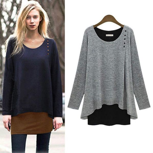 

2020 мода с длинным рукавом футболка женщины толстовка свободные топы повседневная о-образным вырезом рубашки женские ложные две части плюс, White