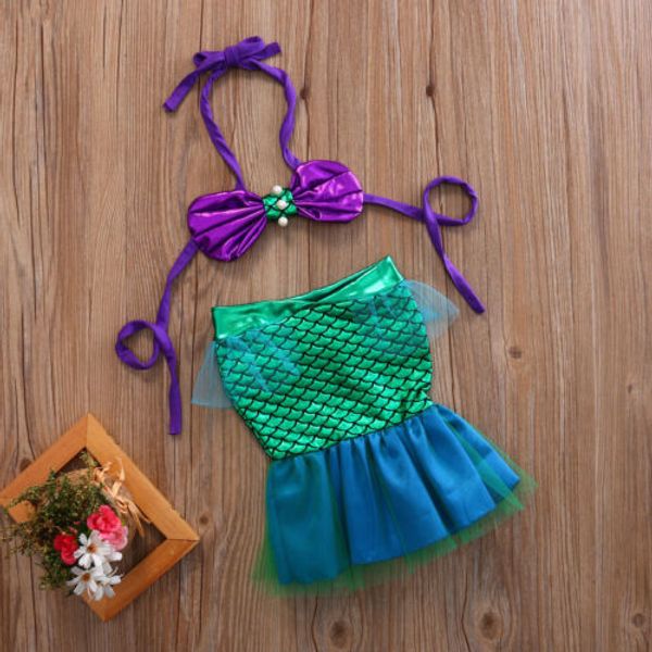 

kids girls green mermaid swimming costume swimsuit bikini set halter bowknot skirts cartoon swimwear 2pcs bathing suit