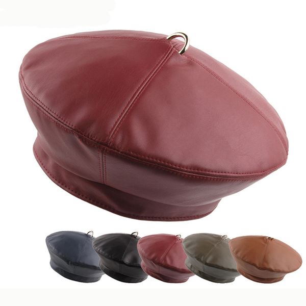 

ht2328 women beret solid pu leather french beret hat with ring ladies casual vintage artist painter caps for women, Blue;gray