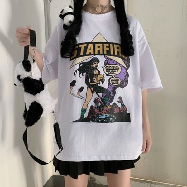 

4 color new summer casual oversized t shirts female harajuku tee shirt loose printing female warrior short sleeve women t-shirt, White