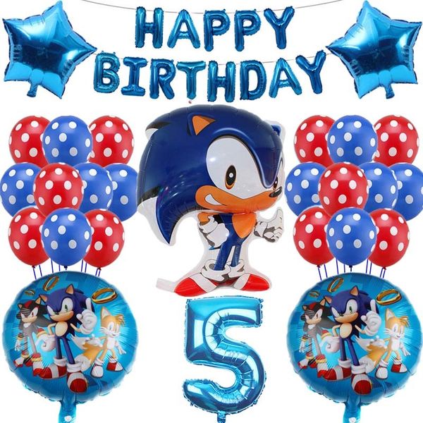 

39pcs/lot sega sonic the hedgehog super hero double side foil balloon boy girl birthday party red&blue number set balloons decor t200624