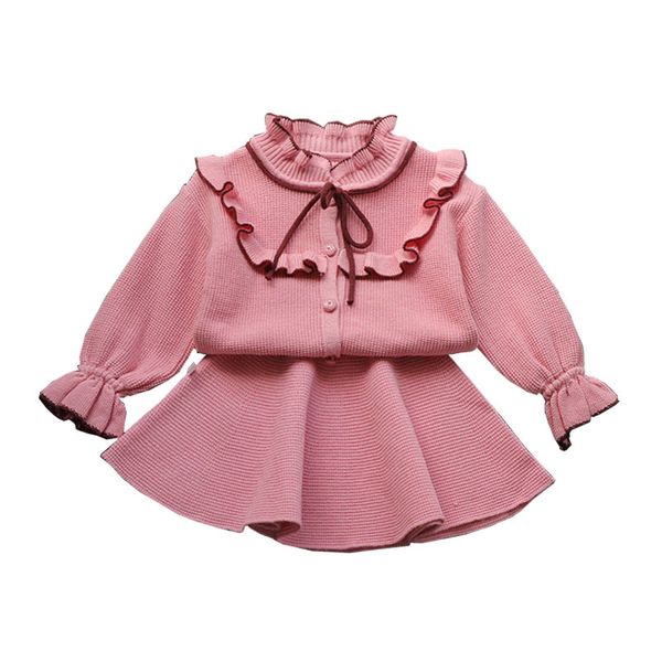 

baby girls children sets ruffles cardigan sweater+ skirt spring & autumn kids lace bow knitted clothing suits 2 pieces outfits t200413, White
