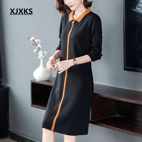 

xjxks fashion lapel women long sweater 2019 autumn winter new wool knitted dress women long pullover, White;black