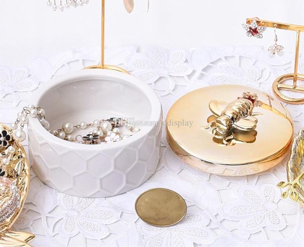 

ddisplay]porcelain honeycomb jewelry jars personalized bracelet white organizer case golden bee glamour earrings display holder, Golden;white