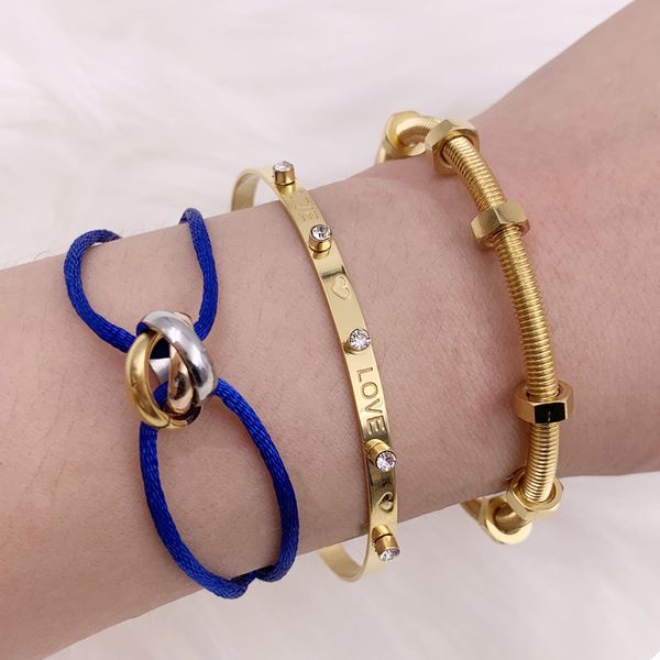

mavis hare three color love rope & screw nut cuff bangle & live love crystal adjustable bangle stainless steel set, Black