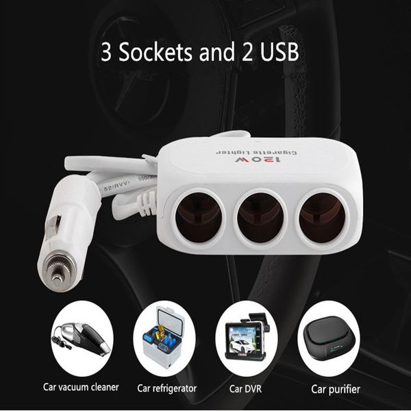 

new promotion universal car 3 sockets 120w 5v auto cigarette lighter splitter 2 usb ports charger adapter