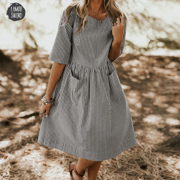 

summer women dress elegant o neck half sleeve vestido pockets loose empire party casual baggy work striped oversized designer clothes, Black;gray