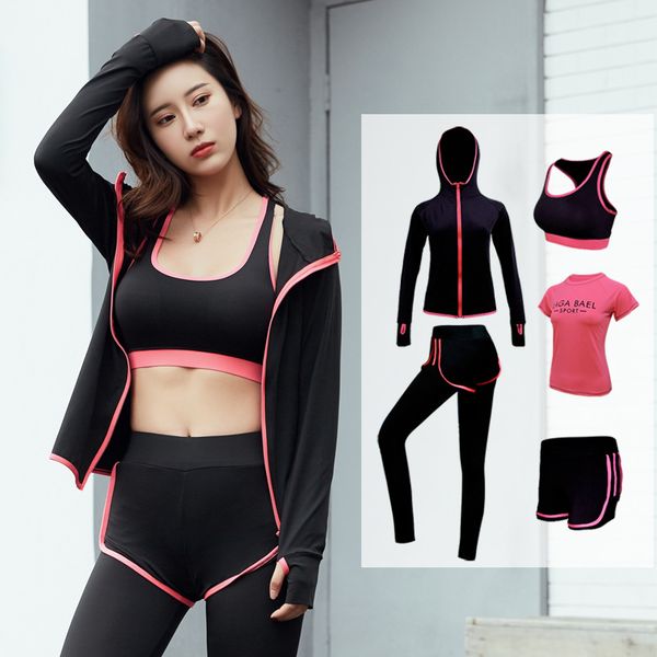 

womens yoga sets five 5 pieces set training sports sets female workout clothes for women sportswear gym training clothing s-3xl, Black;blue