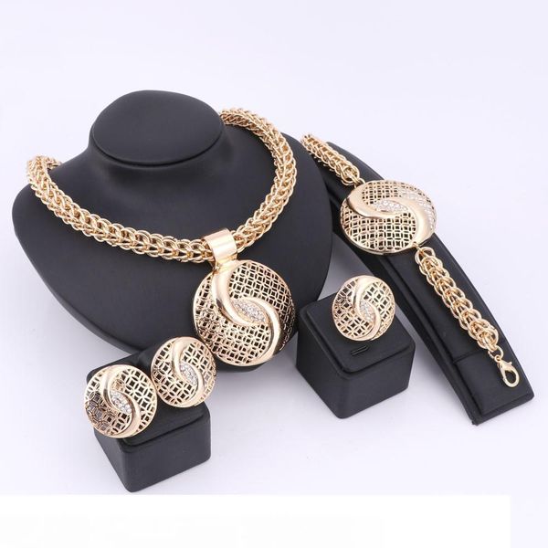 

nigeria trendy hollow jewelry sets women zinc alloy necklaces lady bracelets rings stud earrings gold plated vintage accessories, Slivery;golden