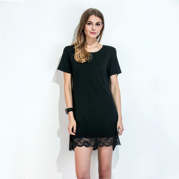 

women lace hem t-shirt dress o neck short sleeve summer dress scalloped straight casual mini shift black vestiti donna, Black;gray