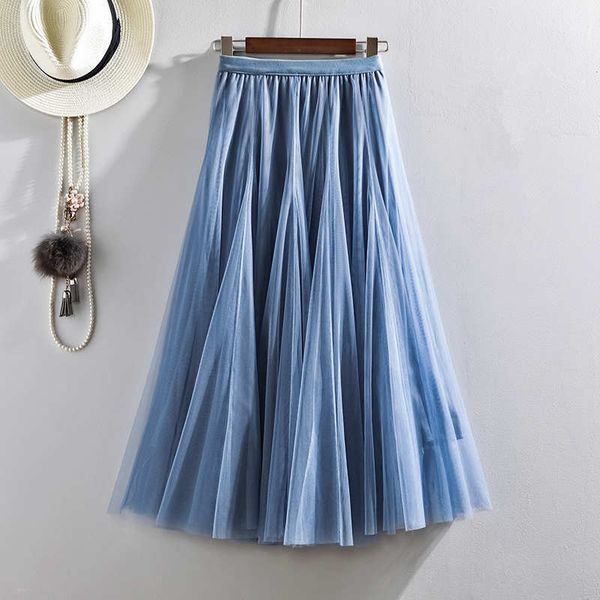 

skirts 3 layers mesh tulle skirt women spring summer solid color elastic high waist maxi long jupe femme tutu womens c6088, Black