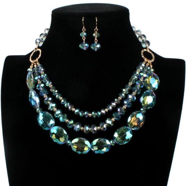 

2019 new exaggerated beads multilayer shiny crystal necklace earrings collarbone chain bohemian jewelry set women wholesale, Silver