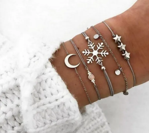 

5 pcs/set trend bangle snowflake gems star crescent wafer chain bracelet set women exquisite jewelry party accessories gifts, Golden;silver